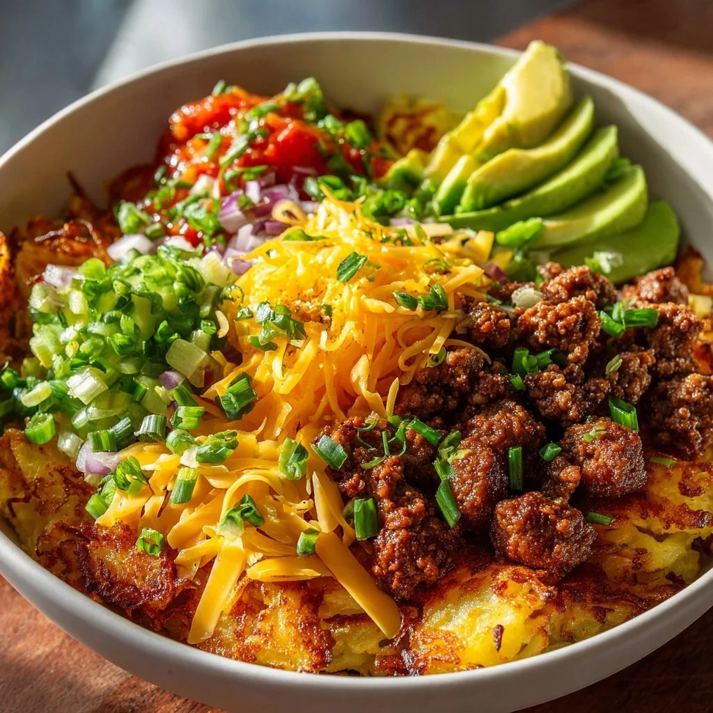 A hearty Hash Brown Breakfast Bowl with crispy hash browns and fresh toppings.