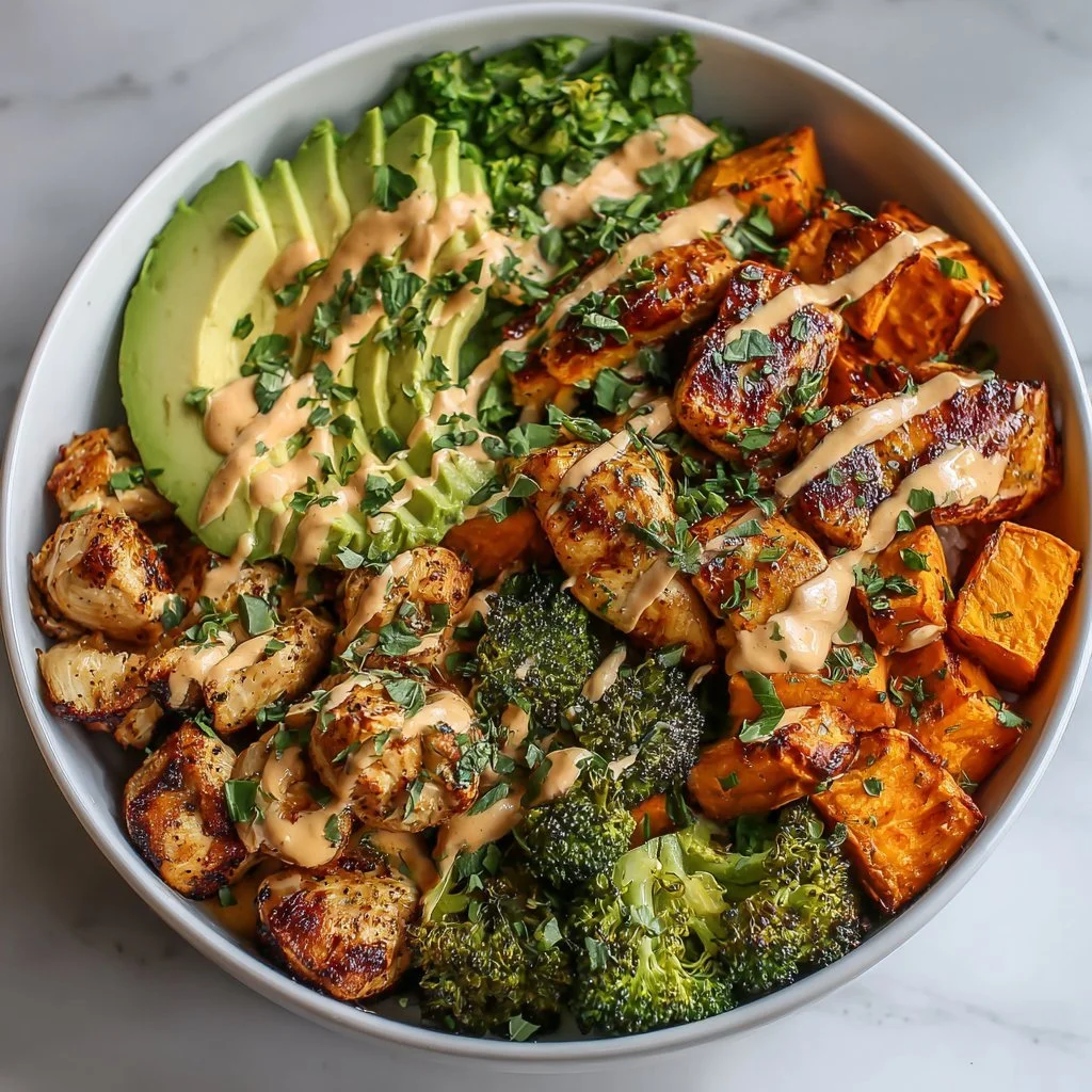 Healthy chicken rice bowl with sweet potatoes and fresh vegetables