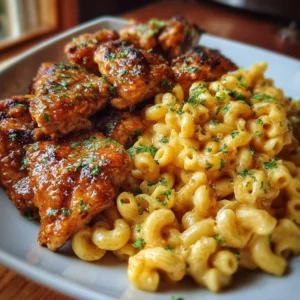 High-Protein Honey Garlic Butter Chicken with Mac & Cheese 3 Delicious honey garlic butter chicken with creamy mac and cheese on a plate.