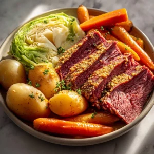 Instant Pot corned beef served with cabbage on a plate