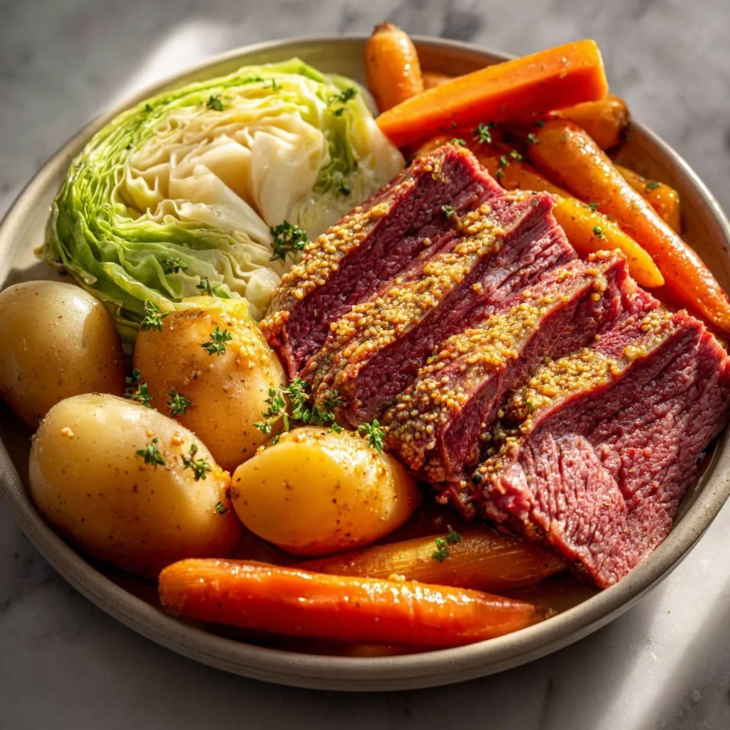 Instant Pot corned beef served with cabbage on a plate