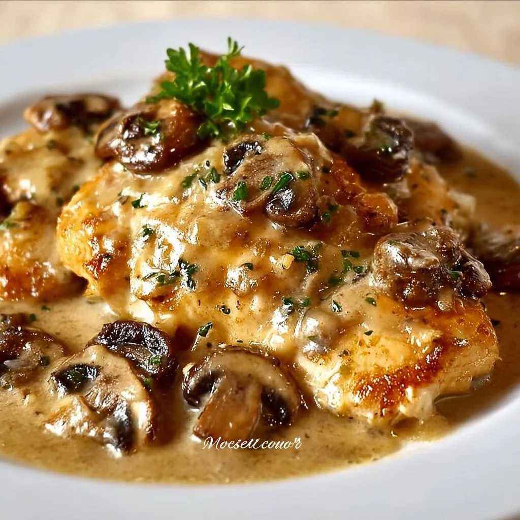 Creamy Mushroom Asiago Chicken served on a plate with fresh herbs