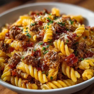 Loaded Bacon Cheeseburger Pasta 3 Delicious Loaded Bacon Cheeseburger Pasta plated with toppings