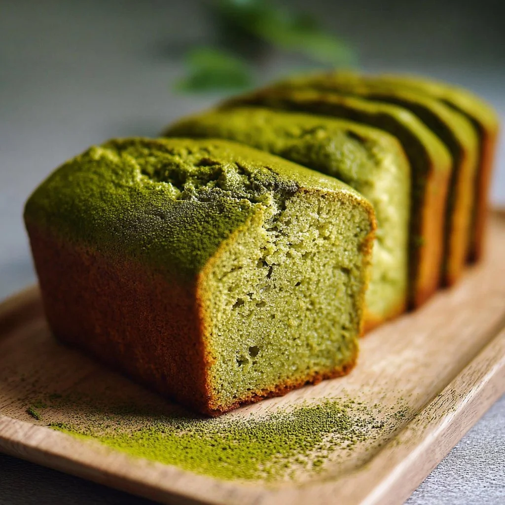 Delicious slice of matcha pound cake topped with green tea frosting