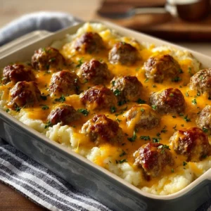 Meatball and Mashed Potato Bake 3 Baked meatballs topped with mashed potatoes in a casserole dish