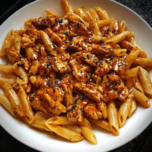 One-Pan Tangy Honey BBQ Chicken Penne 3 One-Pan Tangy Honey BBQ Chicken Penne dish with vibrant colors and rich flavors
