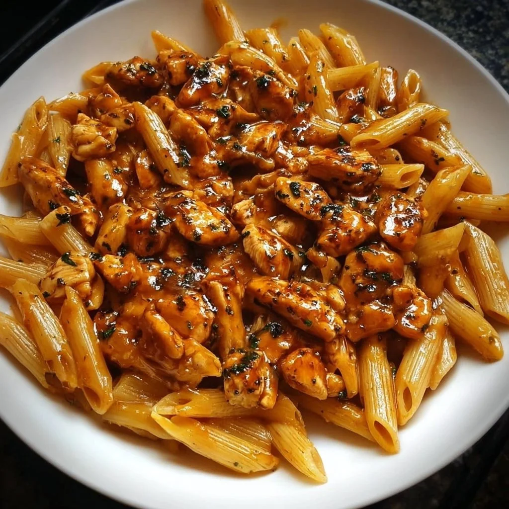 One-Pan Tangy Honey BBQ Chicken Penne dish with vibrant colors and rich flavors