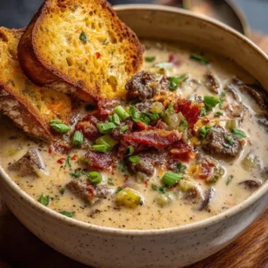 One-Pot Philly Cheesesteak Soup with Bacon and Cheesy Toast 3 Bowl of One-Pot Philly Cheesesteak Soup with Bacon and Cheesy Toast
