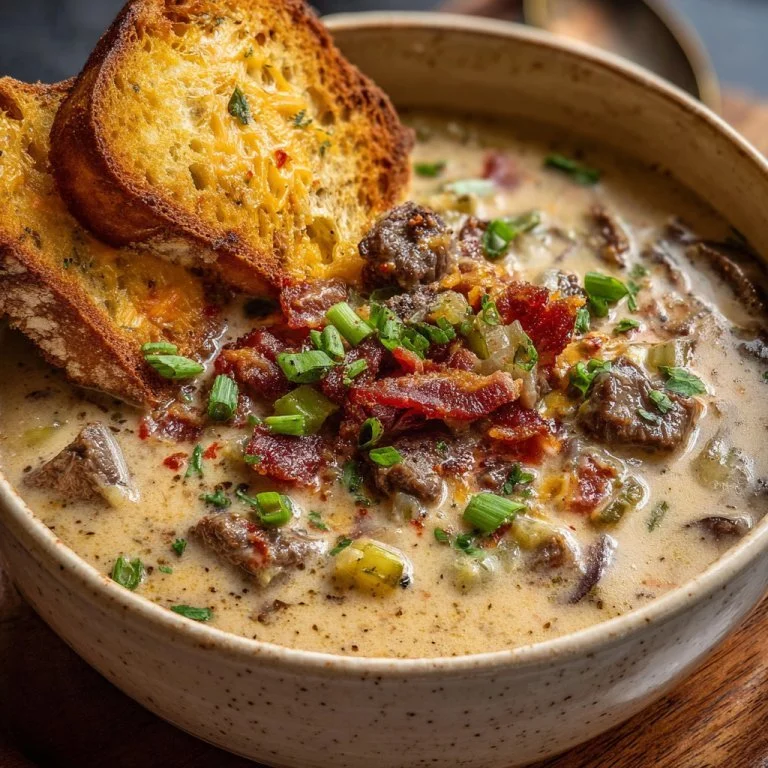Bowl of One-Pot Philly Cheesesteak Soup with Bacon and Cheesy Toast