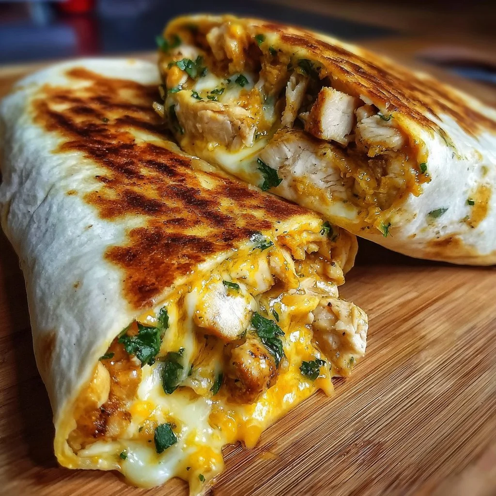 Delicious cheesy garlic chicken wraps served on a wooden table.
