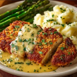 Parmesan Crusted Chicken with Creamy Garlic Sauce 3 Delicious Parmesan Crusted Chicken with creamy garlic sauce served with vegetables.
