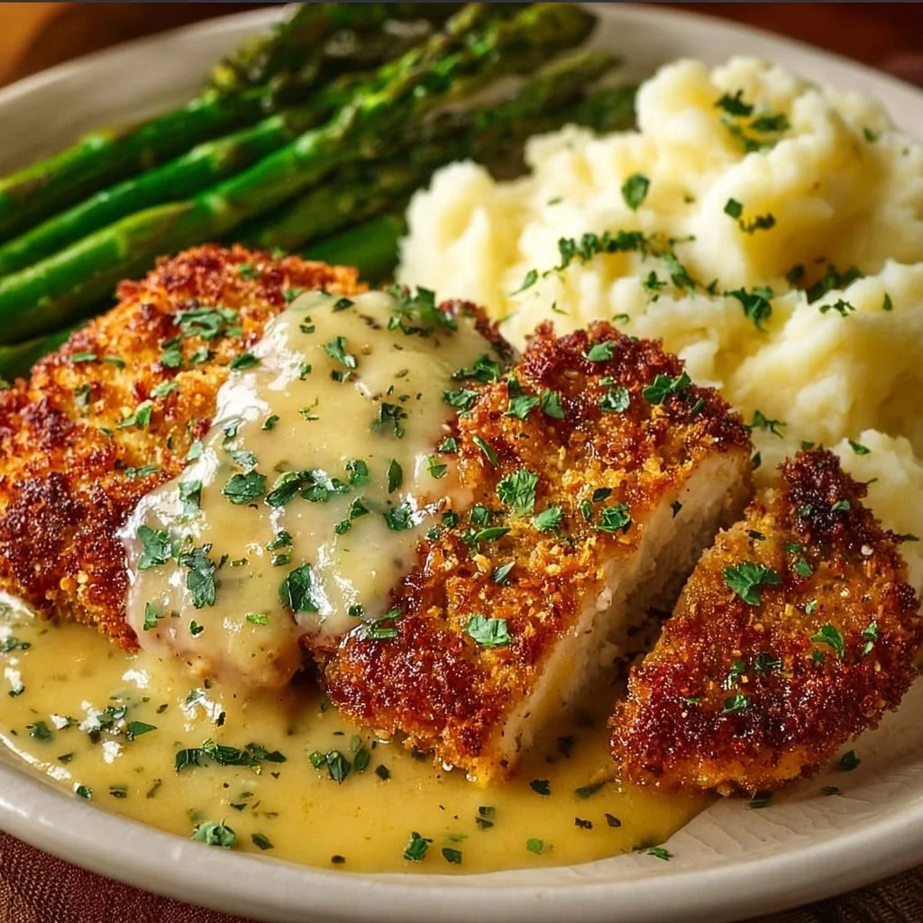Delicious Parmesan Crusted Chicken with creamy garlic sauce served with vegetables.