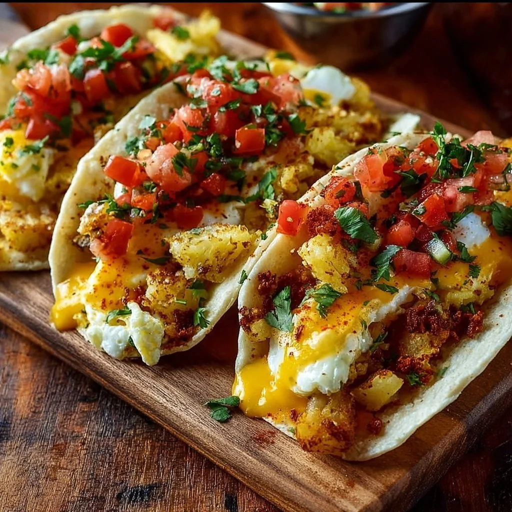 Potato, egg, and cheese breakfast tacos served on a plate