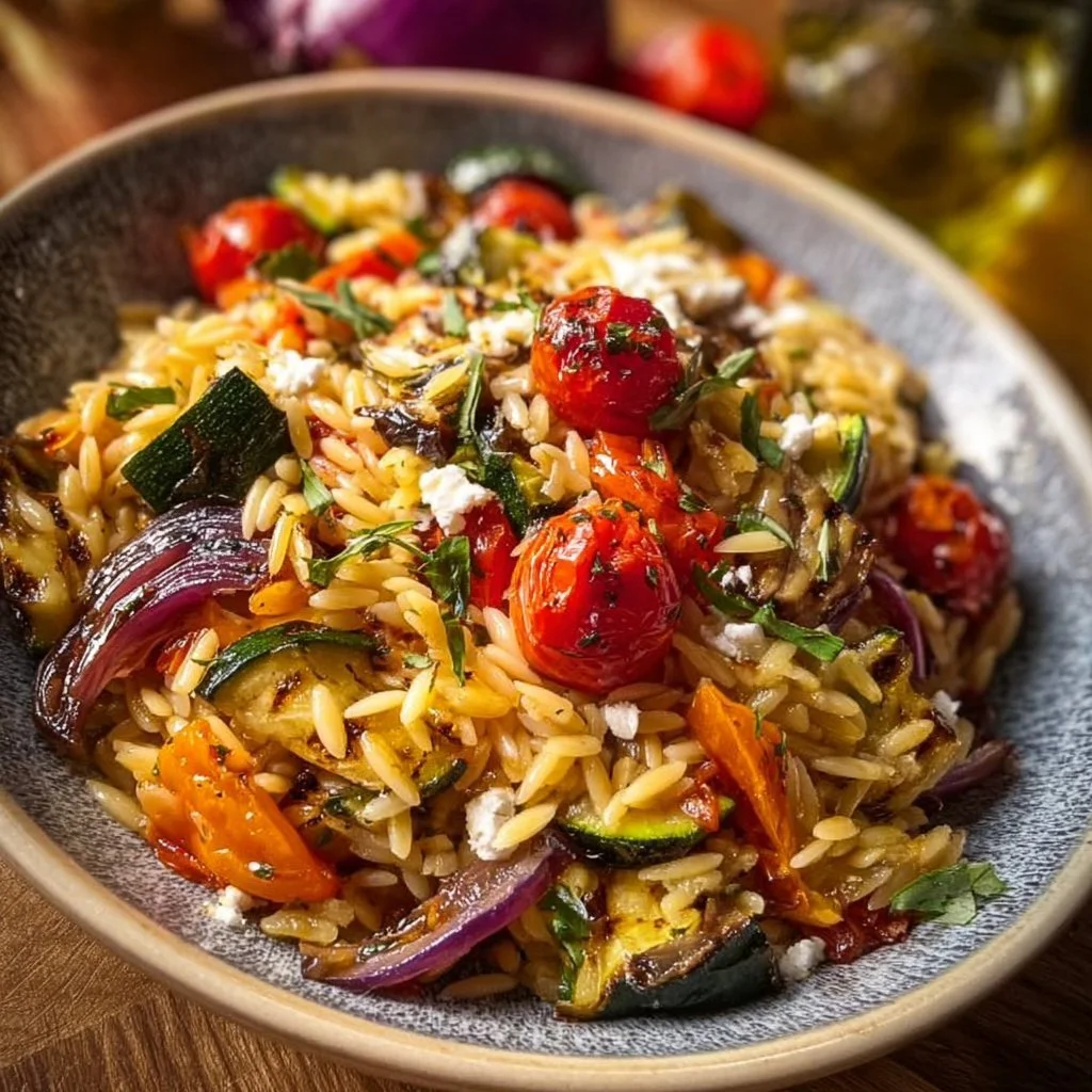 Bowl of roasted vegetable orzo with colorful veggies and spices