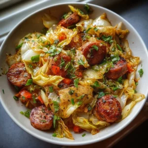 Sausage and Cabbage Stir Fry on a plate ready to serve