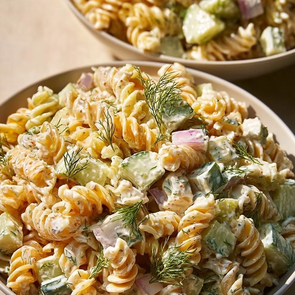Simple dill pickle pasta salad with fresh ingredients and a tangy dressing