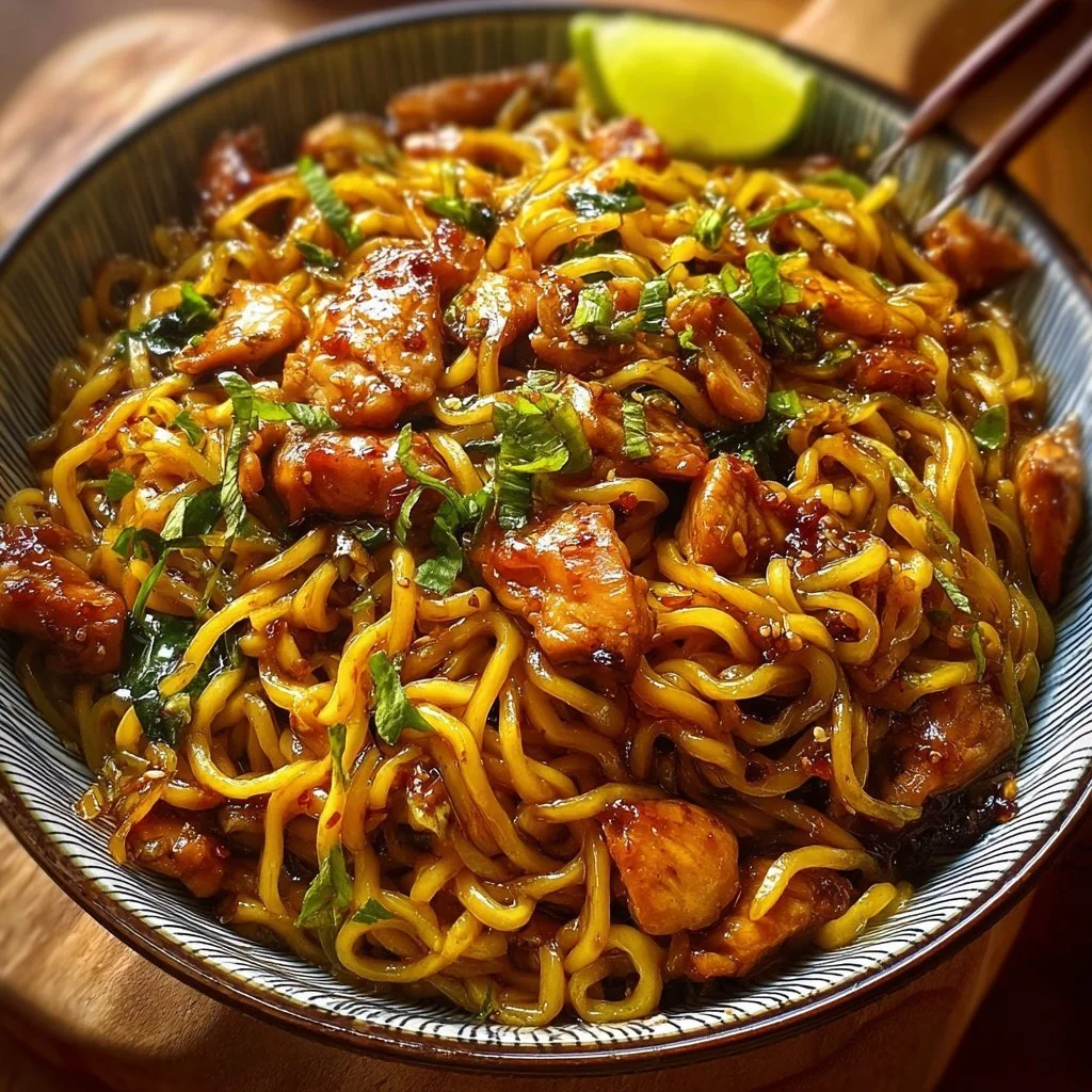 Plate of sticky garlic chicken noodles garnished with herbs