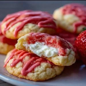 Strawberry Cheesecake Cookies 3 Delicious strawberry cheesecake cookies with creamy frosting and fresh strawberries