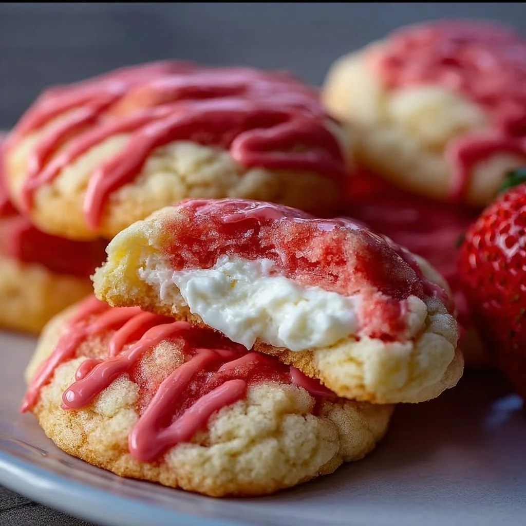 Delicious strawberry cheesecake cookies with creamy frosting and fresh strawberries