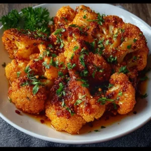 Sweet and Spicy Baked Cauliflower 3 Sweet and Spicy Baked Cauliflower served on a plate