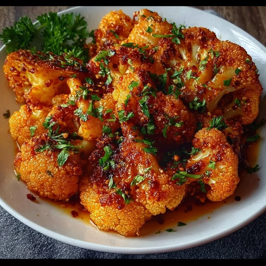 Sweet and Spicy Baked Cauliflower served on a plate
