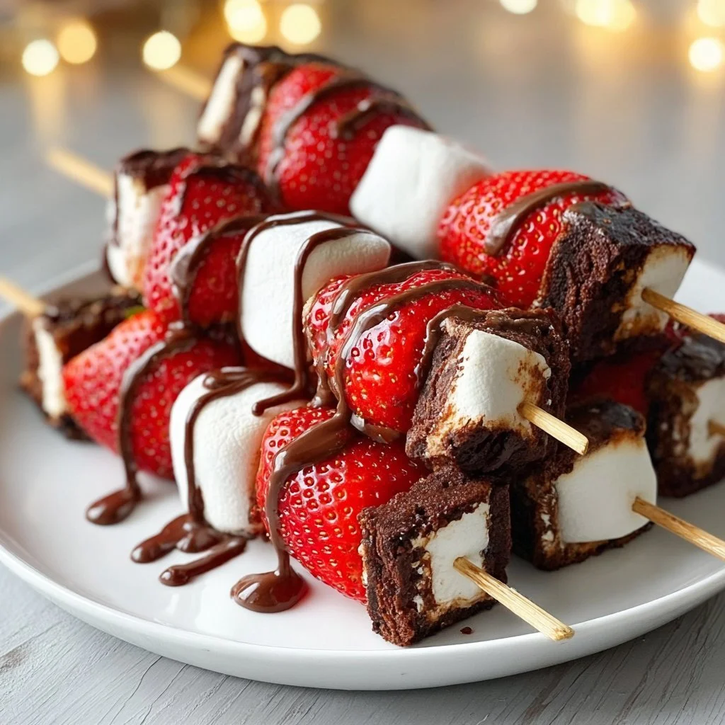 Sweet strawberry brownie kabobs on skewers, perfect for dessert or parties