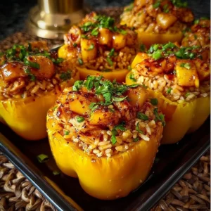 A bowl of Teriyaki Chicken and Rice Stuffed Peppers with pineapple.