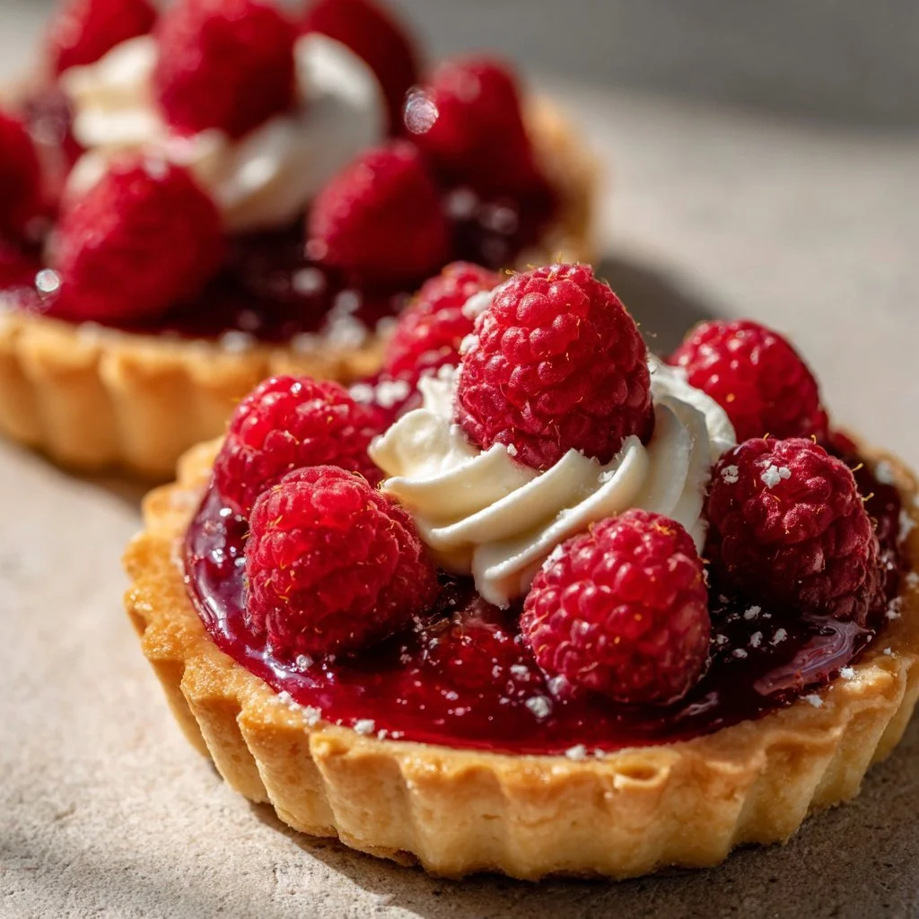 Delicious vegan raspberry curd tart topped with fresh raspberries