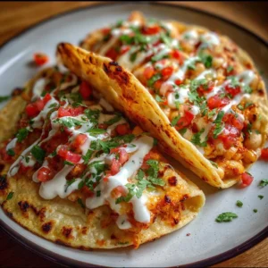 Buffalo White Bean Tacos 3 Buffalo white bean tacos on a plate, garnished with fresh herbs and toppings