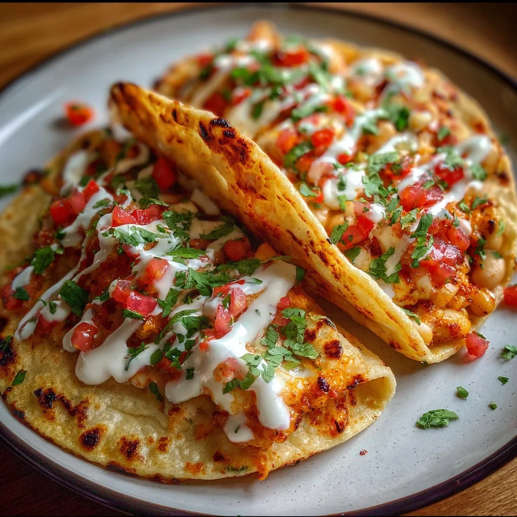 Buffalo white bean tacos on a plate, garnished with fresh herbs and toppings
