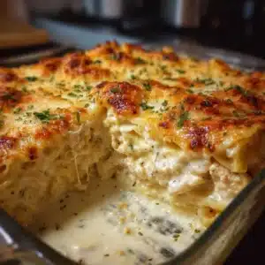 Delicious Chicken Alfredo Lasagna with layers of creamy sauce, chicken, and cheese