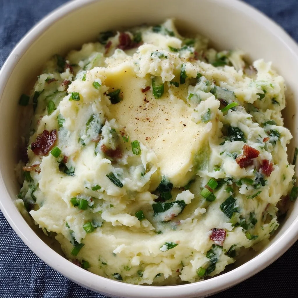 Delicious bowl of Colcannon Irish mashed potatoes with greens