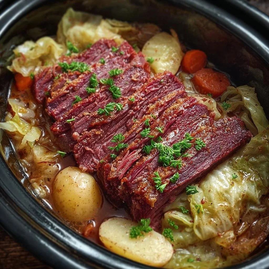 Slow cooker corned beef and cabbage dish served in a bowl