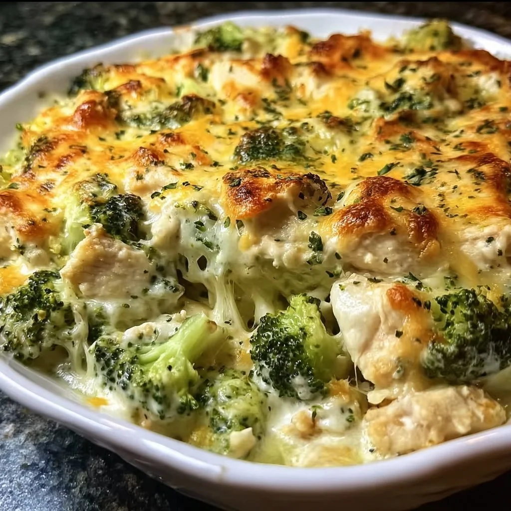 Creamy Keto Chicken Alfredo Broccoli Bake served in a dish