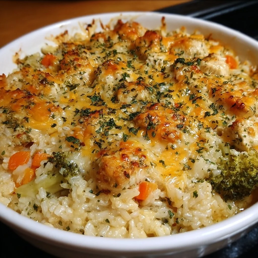 Easy chicken and rice casserole dish fresh out of the oven