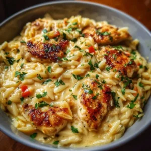 Delicious Marry Me Chicken with orzo served on a plate