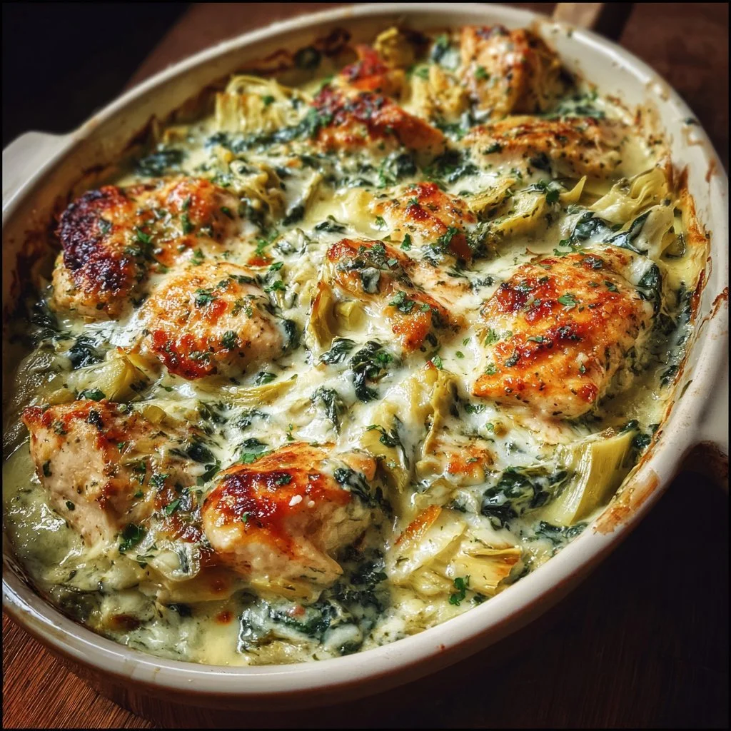 High-protein spinach and artichoke chicken casserole in a baking dish