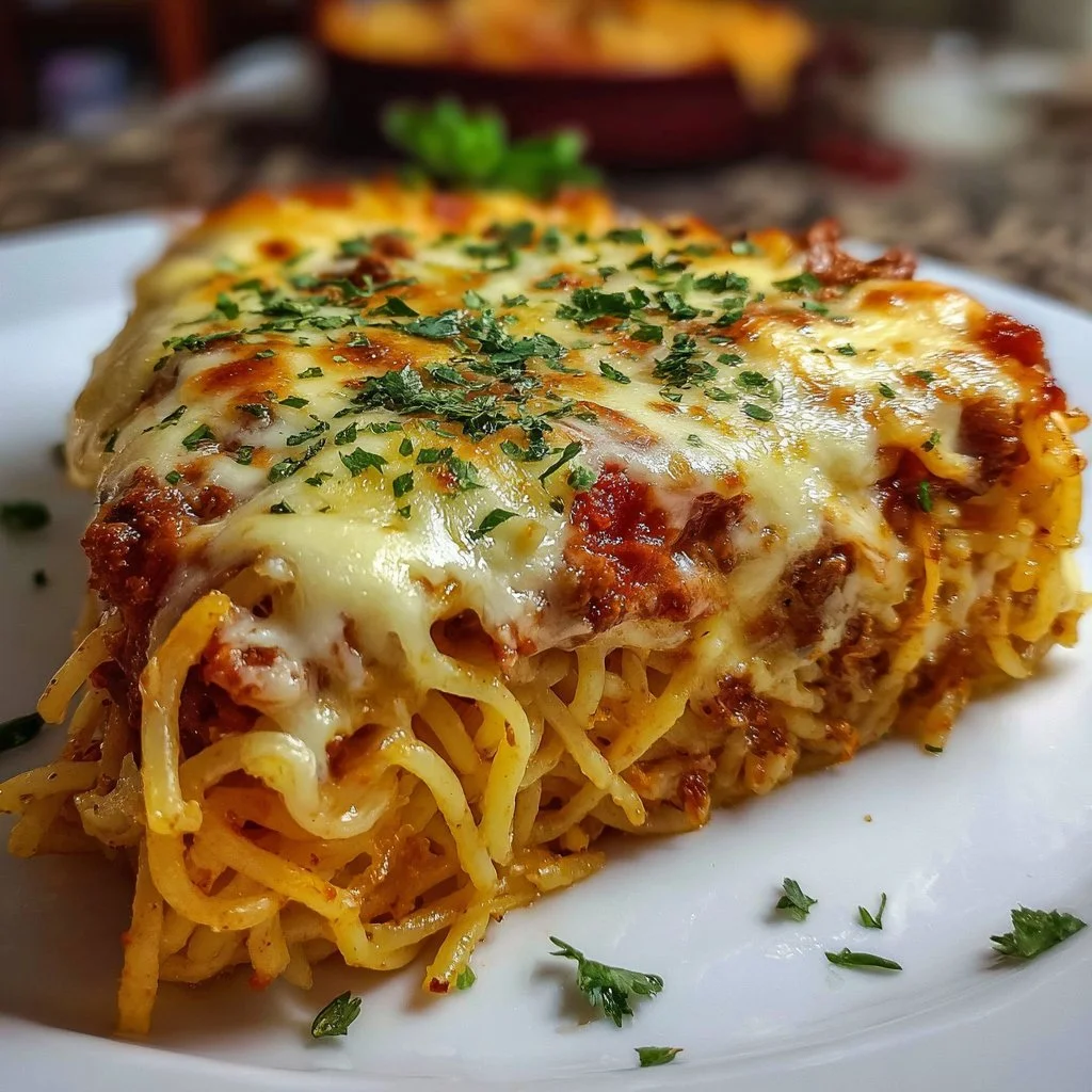 Baked spaghetti pie topped with melted cheese and herbs