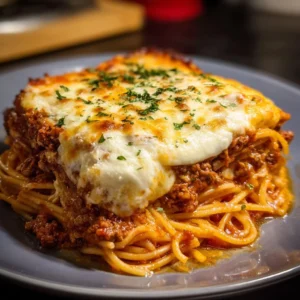 Delicious spaghetti pie topped with ricotta, meat sauce, and mozzarella cheese.