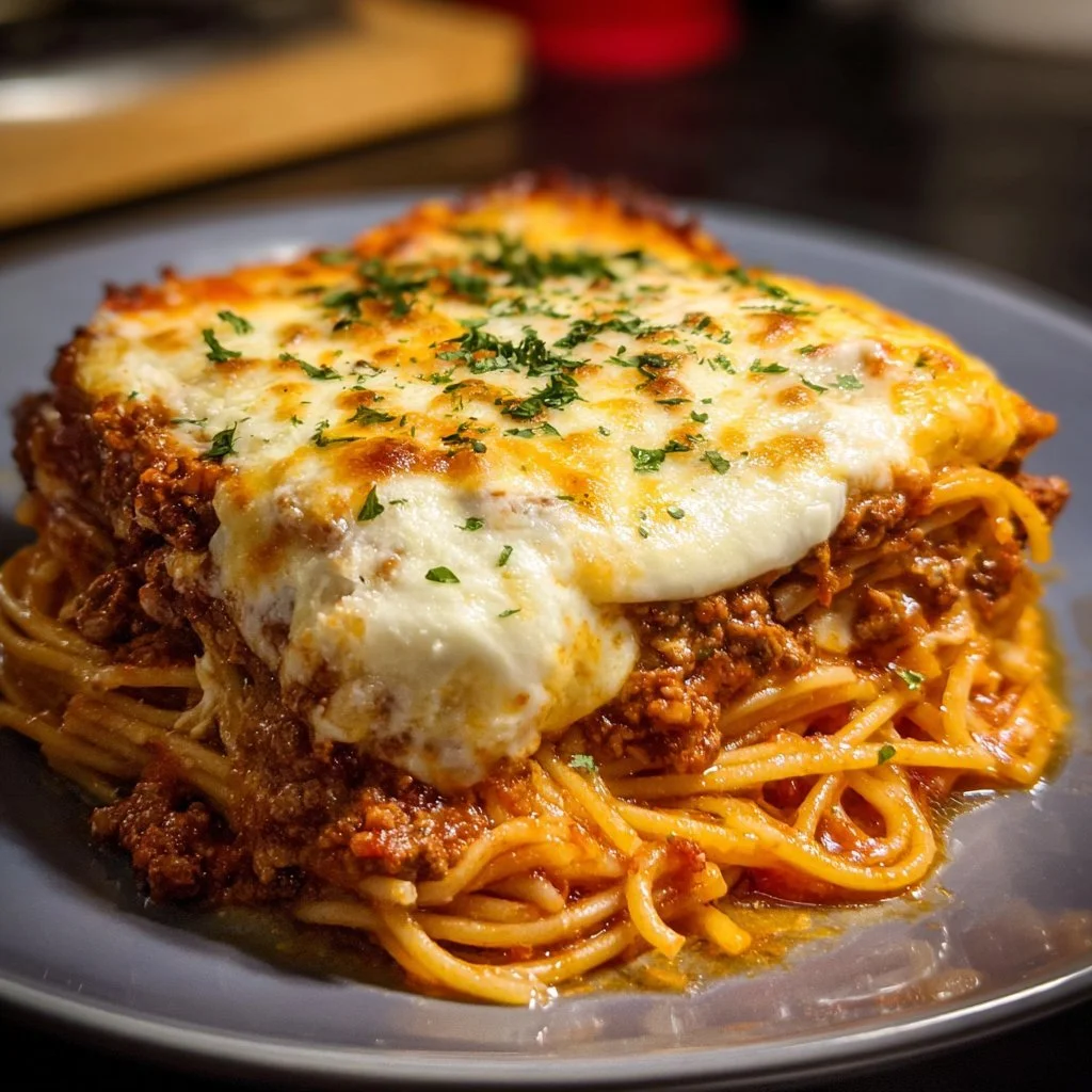 Delicious spaghetti pie topped with ricotta, meat sauce, and mozzarella cheese.